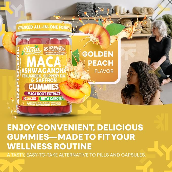 Clean Nutra Maca Root Gummies Ashwagandha Fenugreek Slippery Elm Saffron Hibiscus Beta Carotene Vitamin A for Women Macaroot Extract 60 Gummies Vegan Adaptogen Supplement Gummy Non GMO