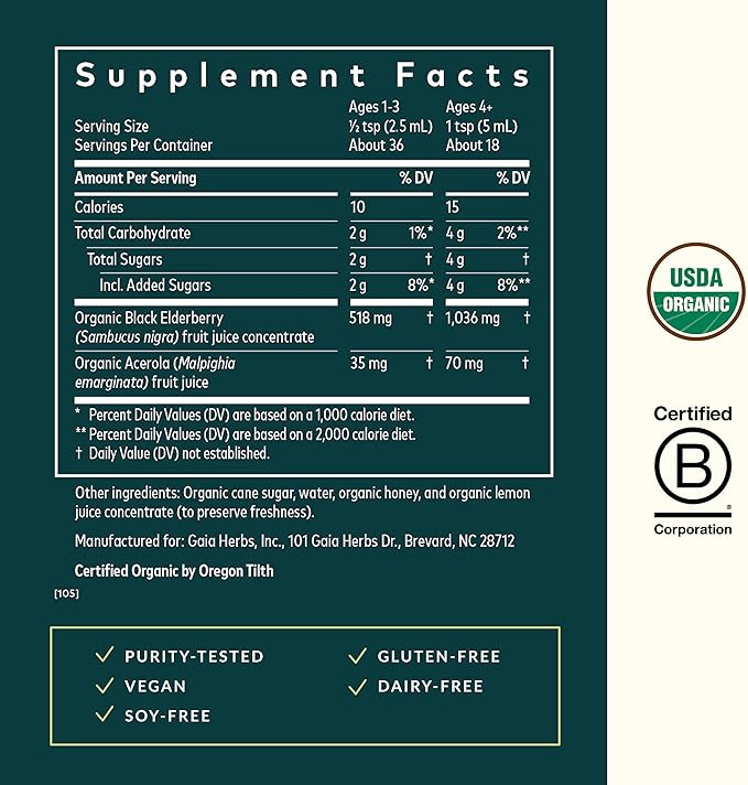 Gaia Herbs GaiaKids Black Elderberry Syrup - Delicious Immune Support Supplement for Kids - with Organic Black Elderberries and Honey - USDA Certified - 3 Fl Oz