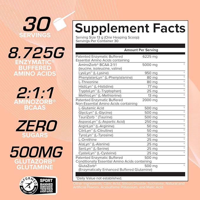 EFX Sports Aminozorb Elite 21 | PH-Correct, Full Spectrum Aminos + Glutamine | Essential & Non Essential Aminos | Zero Sugars | 30 Servings (Sour Peach)