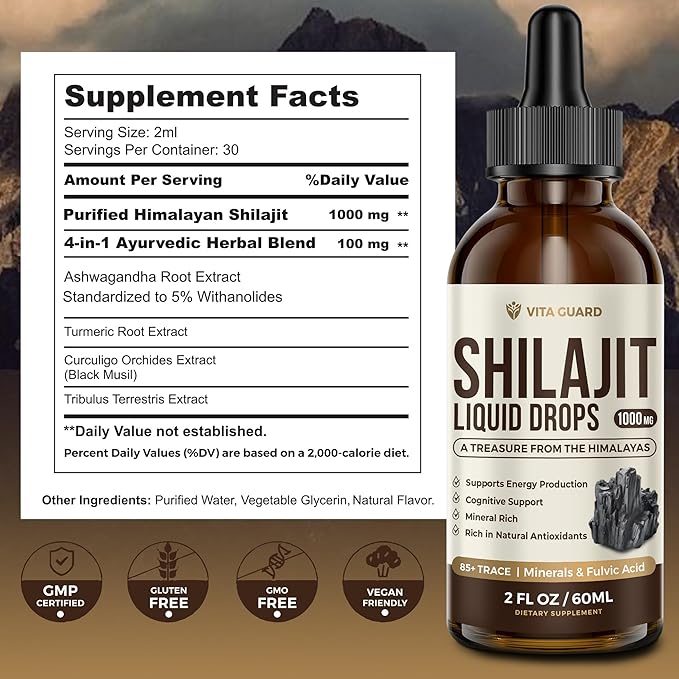 Himalayan Shilajit Liquid Drops – 1000mg Energy & Immunity Support with 85+ Trace Minerals & Fulvic Acid – Strength, Vitality Supplement for Men & Women – 30-Day Supply