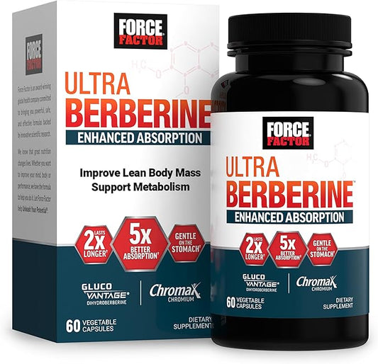 FORCE FACTOR Ultra Berberine Enhanced Absorption, with Ceylon Cinnamon, Dihydroberberine & Chromium, 5X Absorption, 2X Longer Lasting, Promote Lean Body Mass, 60 Vegetable Capsules