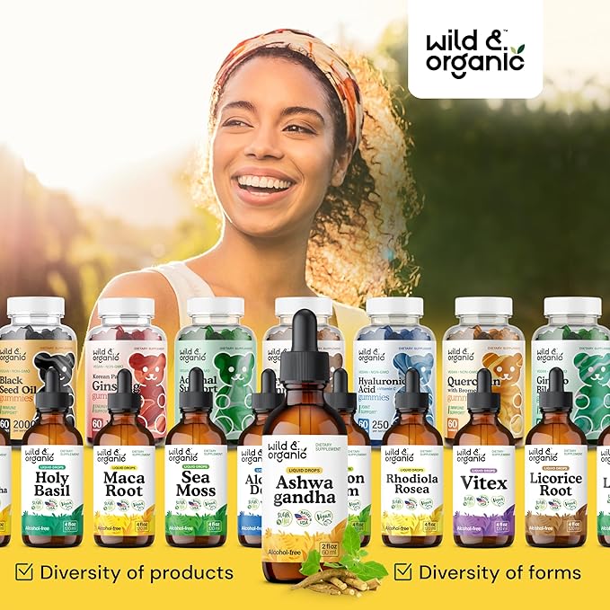 Wild & Organic Ashwagandha Liquid Drops - Calming Ashwagandha Root Extract for Relaxation - 1-Month Supply - Herbal Supplements for Women and Men - Vegan, Sugar & Alcohol-Free Tincture - 2 fl oz