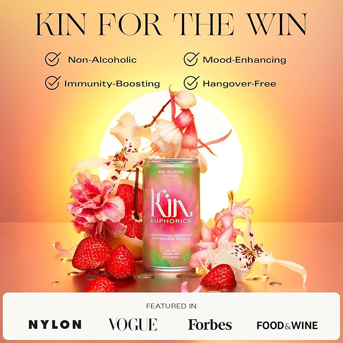 Kin Euphorics Kin Bloom Non-Alcoholic Functional Beverage | All day rosé | Elevate Your Mind & Spirit | Prebiotic | L-Theanine, Schisandra, Damiana | Ready to Drink | 8 Fl Oz (8pk)