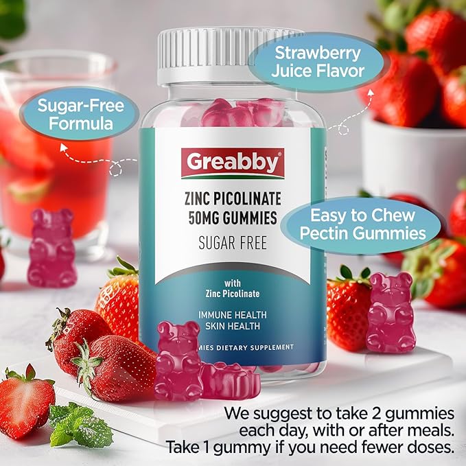 Zinc Gummies Sugar Free, Zinc Picolinate 50mg Highly Absorbable Zinc Supplement for Kids & Adults, Support Immune System, Skin Health, 120 Gummies