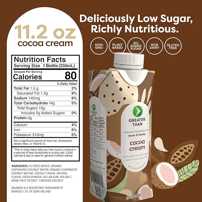 Greater Than Nutrient Hydration Beverage, Electrolyte Drink for Gut Health & Energy with Coconut Water, Vitamins, Gluten Free, Plant Based, Low Sugar, Cocoa Cream, 24 Pack