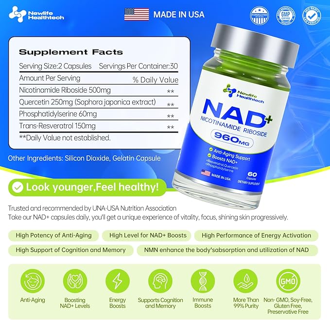 NAD+ Supplement, Nicotinamide Riboside, Resveratrol, Quercetin, NMN Supplement Alternative for Anti-Aging, Energy, Focus, 960mg for Women and Men, 60 Capsules