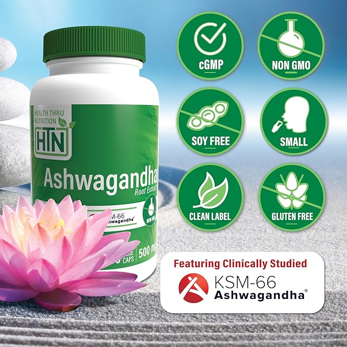 Health Thru Nutrition Ashwagandha 500mg KSM­66® 60 Capsules | Stress, Mood, Focus, & Energy | Clinically Proven and Organic Root-Only Whitania Somnifera Extract | Non-GMO, Gluten & Soy Free