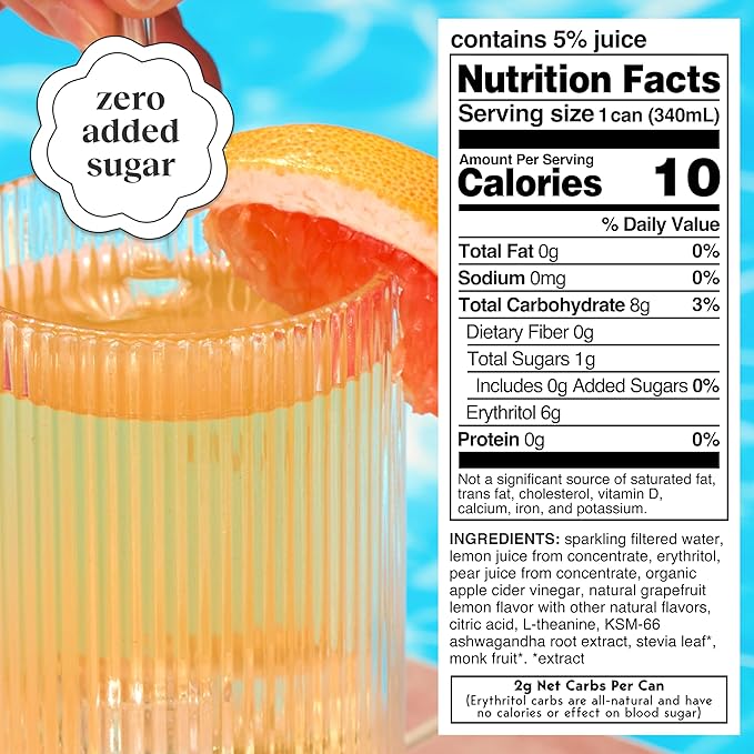 Moment Botanical Soda Soft Drink (Shark Tank) - SPARKLING Non Alcoholic Drinks | Grapefruit Lemonade | L-Theanine & Ashwagandha for Calm & Clarity | 0 Added Sugar 0 Caffeine | 12-pack