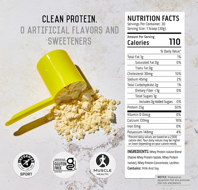 Ascent 100% Whey Protein Powder - Post Workout Whey Protein Isolate, Zero Artificial Flavors & Sweeteners, Gluten Free, 5.5g BCAA, 2.6g Leucine, Unflavored 2 lb