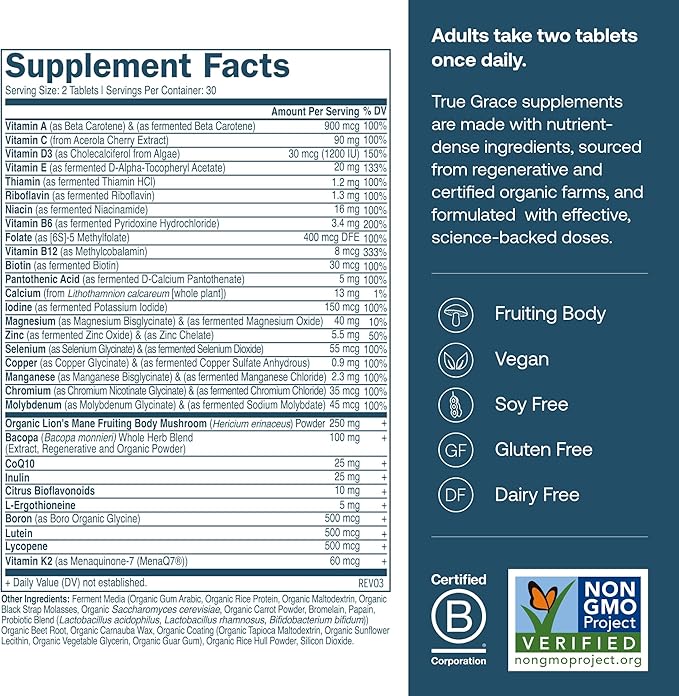 True Grace Daily Men’s Multivitamin 50+ - 60 Easy-to-Swallow Tablets - Immune, Energy, Longevity & Memory Support - Gluten Free, Soy Free, Vegan - 30 Servings