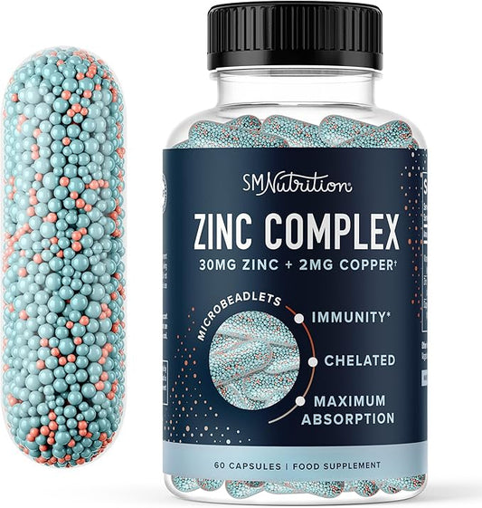 Zinc Supplement Microbeadlets for Immune & Acne Support | Highly Absorbable Zinc Bisglycinate & Orotate with 2mg Chelated Copper + Vitamin B6 | Vegan, Gluten-Free | 60 Capsules (2 Month Supply)