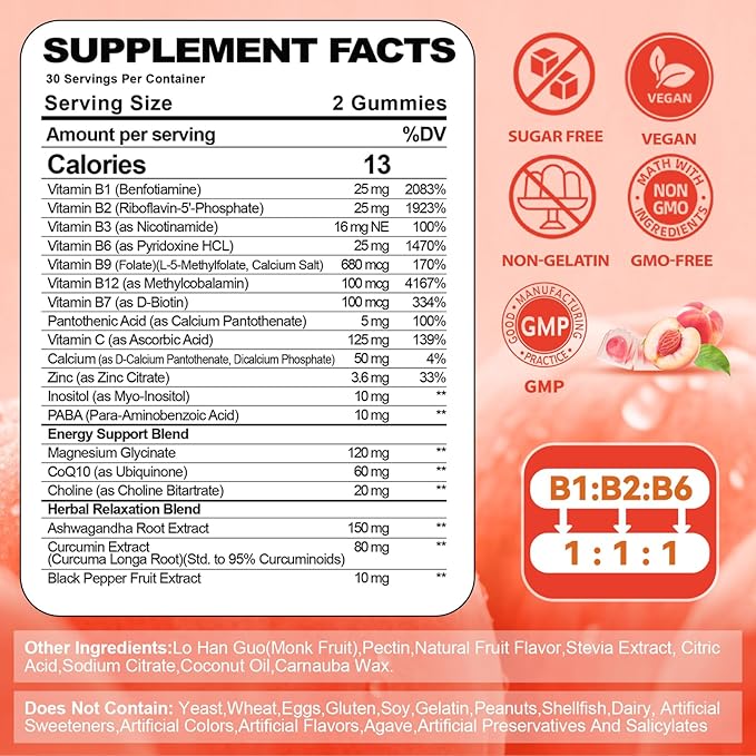 Natural Methylated Vitamins B Gummies: Chewable Supplement Complex with B1 B2 B3 B5 B6 B7 B9 B12 Zinc Magnesium Ashwagandha for Daily Energy Support - for Vegan Work Adults(120Count)