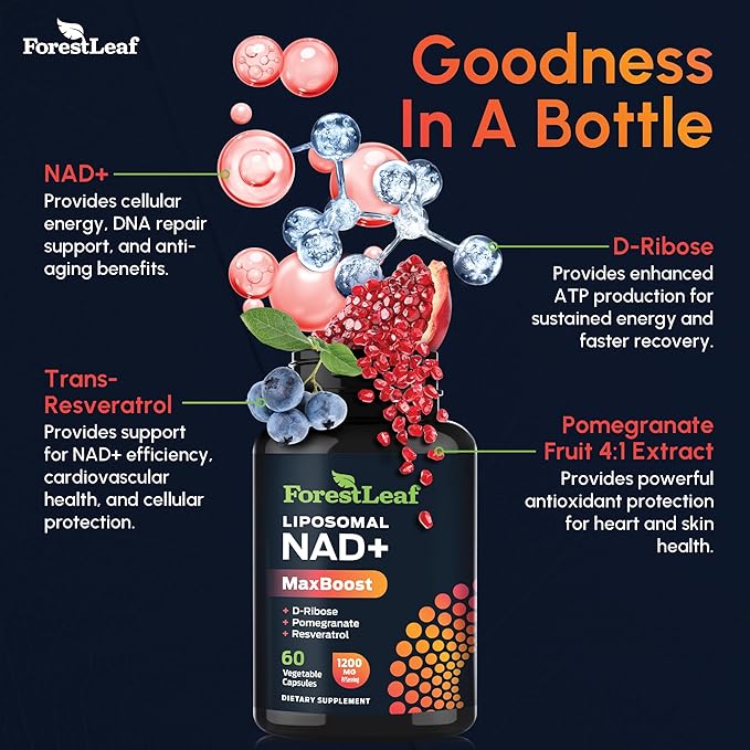 NAD+ Supplement – 1200mg Liposomal NAD Resveratrol Supplements for Women & Men – High Absorption Energy & Focus Support for Healthy Aging (60 Caps)