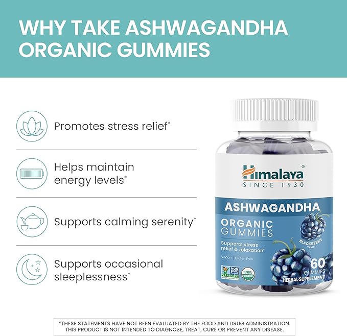 Himalaya Organic Ashwagandha Gummies, BlackBerry - Herbal Adrenal Support for Stress Relief, Energy Support and Occasional Sleeplessness - USDA Organic, Non-GMO, Vegan, Gluten Free, 60 Gummies