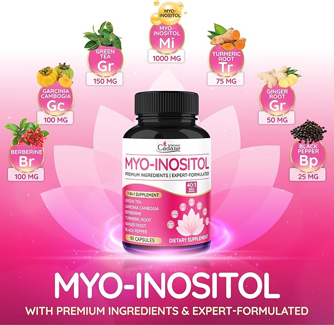 Organic Cadane Myo Inositol & Green Tea Capsules with Garcinia Cambogia, Berberine, Turmeric, Ginger, and Black Pepper | Supports Body Balance & Digestive | Vegan, Non-GMO - 90 Capsules