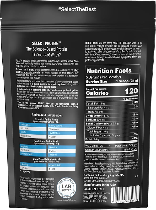 PEScience Select Protein Powder, Whey and Casein Blend, Clean Protein Powder for Women and Men, Low Calorie, Low Carb, Keto Friendly, Gluten Free - Gourmet Vanilla - 5 Servings
