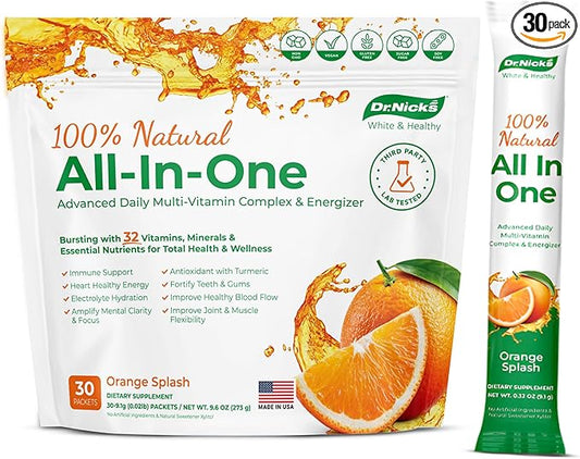 Dr. Nick's Multivitamin Powder for Women and Men, 30 Pack, Orange Splash, Multivitamin for Women with 32 Vitamins and Minerals, Sugar Free, Non-GMO, Vegan, Gluten-Free, Potent Probiotics, Antioxidant