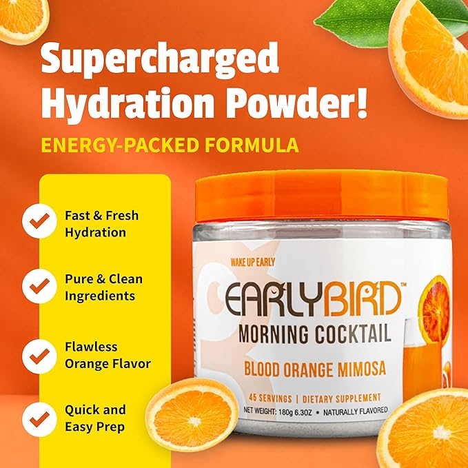 EarlyBird Morning Cocktail Hydration Powder – Blood Orange 45 Servings – Sugar Free Electrolytes Powder with Natural Caffeine & Nootropics – Hydration Booster & Daily Electrolyte Mix