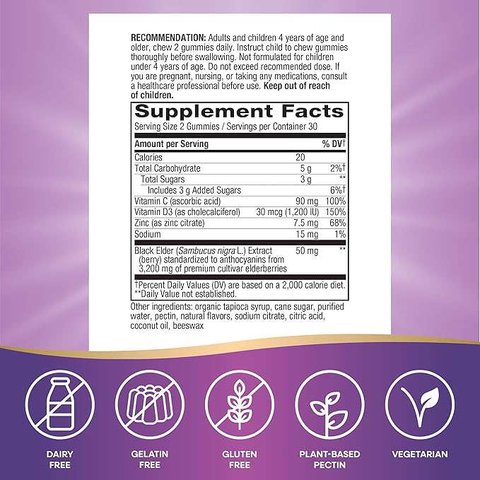 Nature's Way Sambucus Elderberry Immune Gummies, Daily Immune Support for Kids and Adults*, with Vitamin C, Vitamin D3, Zinc, Gluten Free, Vegetarian, 60 Gummies (Set of 3)