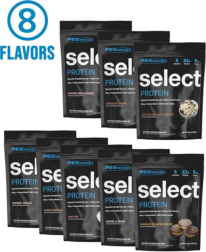 PEScience Select Protein Powder Variety Pack - 8 Flavors - 40 Servings - Protein Powder Sample Pack, Whey and Casein Blend, Keto Friendly, Gluten Free, Digestion Friendly, Amazing Taste