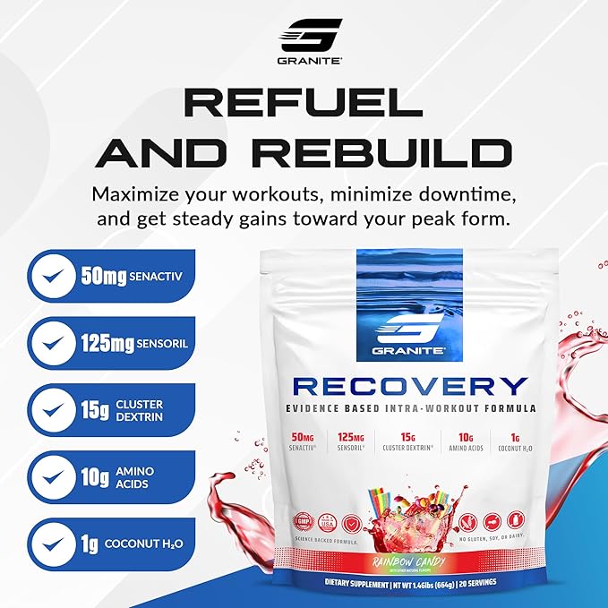 Granite Nutrition Recovery - Premium Intra-Workout Drink with EAAs, Cluster Dextrin, Sensoril & Senactiv for Athletic Performance and Lean Muscle Gains - Rainbow Candy Flavor (20 Servings)