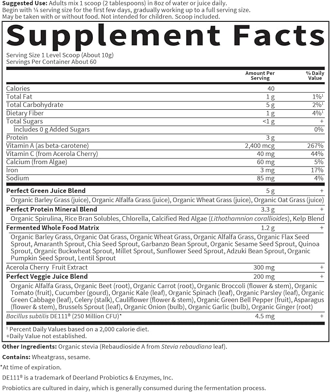 Garden of Life Perfect Food Super Green Formula - 60 Servings, 45 Superfoods, Greens, Fruit & Veggie Juice Superfood Powder Supplement, Probiotics & Organic Spirulina for Digestion & Immune Health