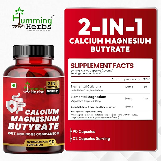 Calcium Magnesium Butyrate 1000Mg 2-in-1 Formula with Elemental Calcium & Elemental Magnesium – 90 Capsules