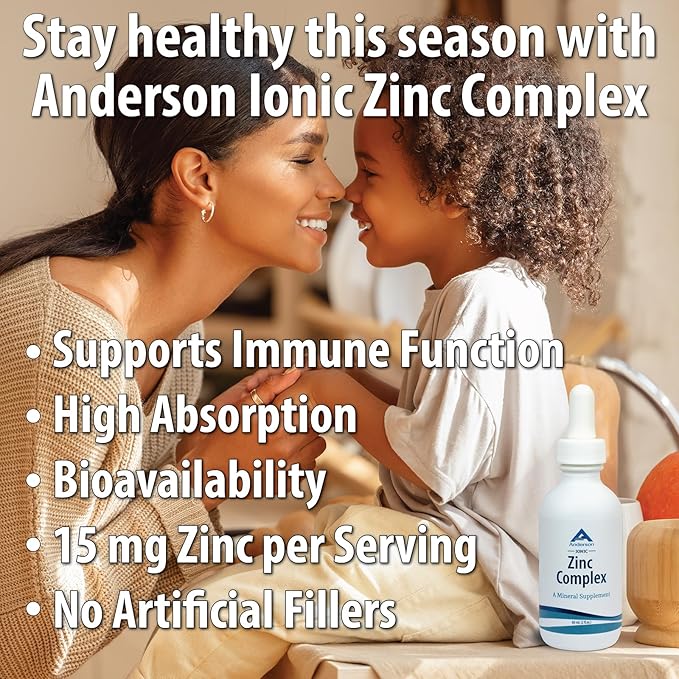 Anderson Ionic Zinc Complex, Liquid Drops for Immune Support, 15mg Zinc Sulfate per Serving, Balanced Trace Mineral Dietary Supplement for Women, Men, 60 Servings, 2oz Bottle