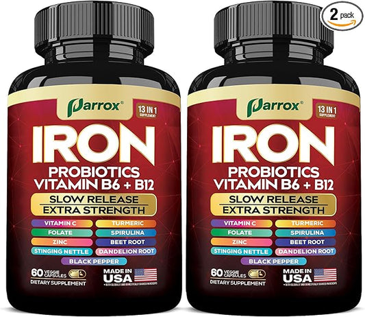Iron Supplement with Slow Release Iron, Vitamin B6, B12, C, Folate, Zinc, Probiotics, Spirulina, Turmeric, Beetroot, Nettle Leaf, Dandelion Root, Black Pepper, Extra Strength, 60 Vegan Capsules 2-Pack