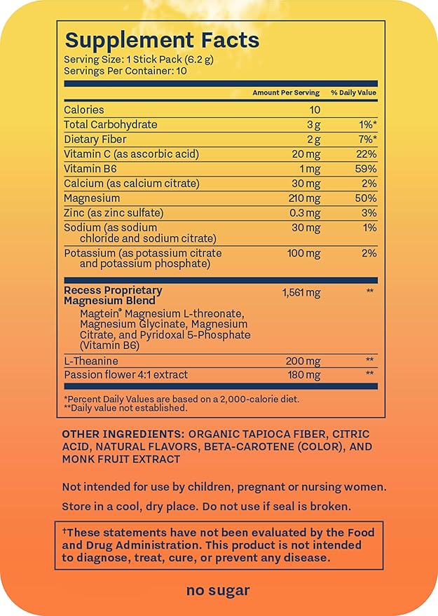 Recess Mood Powder, Calming Magnesium L-Threonate Blend with Passion Flower, L-Theanine, Electrolytes, Magnesium Calm Support Powder Supplement - Lemon Citrus Pack of 10