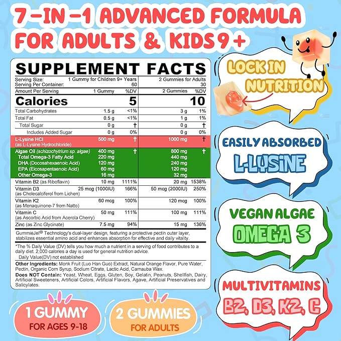 L-Lysine Gummies 500/1000mg with Algae Omega 3, Vitamin B2, D3, K2, C for Adults & Kids 9+, Lysine Supplement Support Immune, Lip & Oral, Collagen Production, Brain, Bone Health, Sugar Free 1Pack