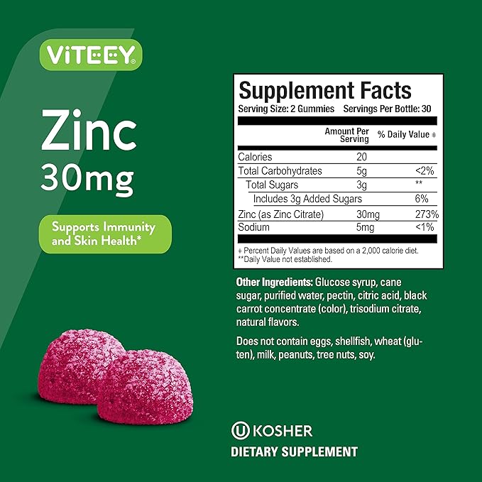 Viteey Zinc Gummies Adult & Teens - 30mg - Immune Health Support & Antioxidant Support - Vitamin Zinc Supplement - Vegan, Gelatin Free, GMO Free - Tasty Chewable Berry Flavored Gummy