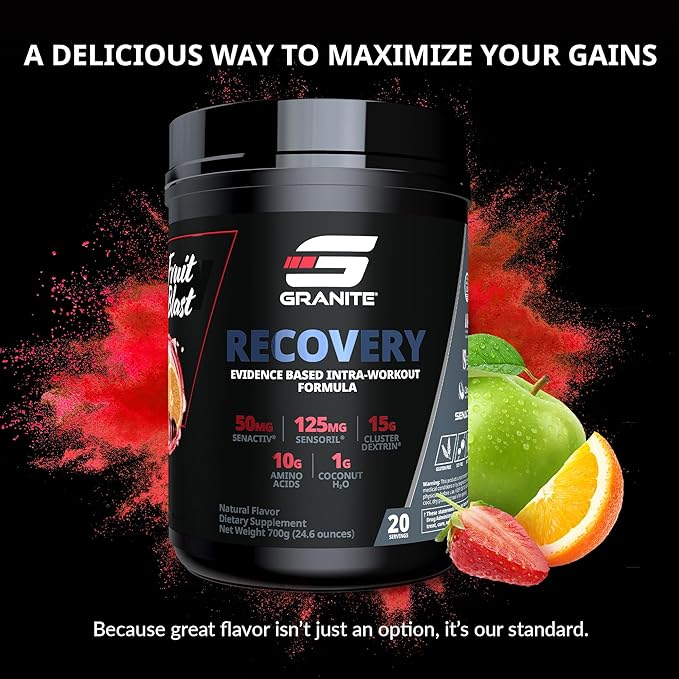 Granite Nutrition Recovery - Premium Intra-Workout Drink with EAAs, Cluster Dextrin, Sensoril & Senactiv for Athletic Performance and Lean Muscle Gains - Fruit Blast (30 Servings)