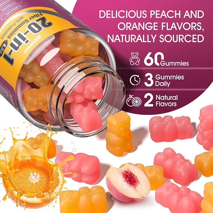 Fiber Supplement 20-in-1, 50 Billion CFU Probiotic Supplement, Fiber Gummies for Adults, Support for Gut & Digestive Health, 60-Count, Orange