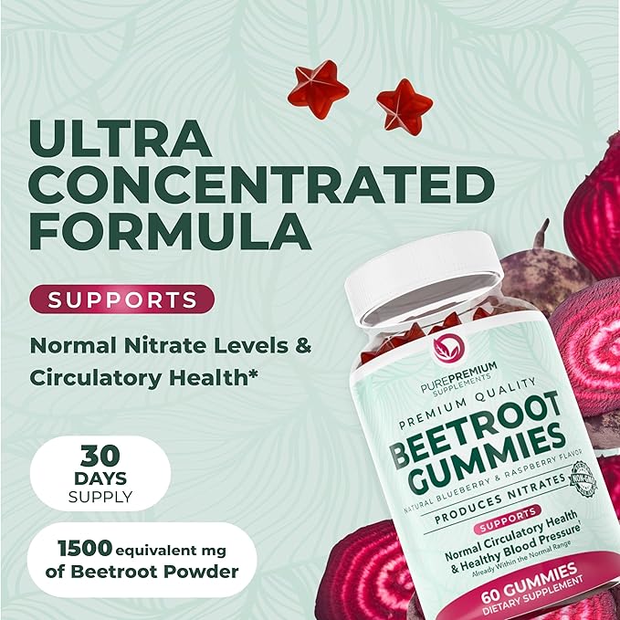 PurePremium Beet Root Gummies - 60 Sugar Free Chews (50:1 Equivalent 1500 mg) - Super Nitric Oxide Beetroot Gummies | Natural Blueberry Flavor - Supplements for Normal Blood Pressure
