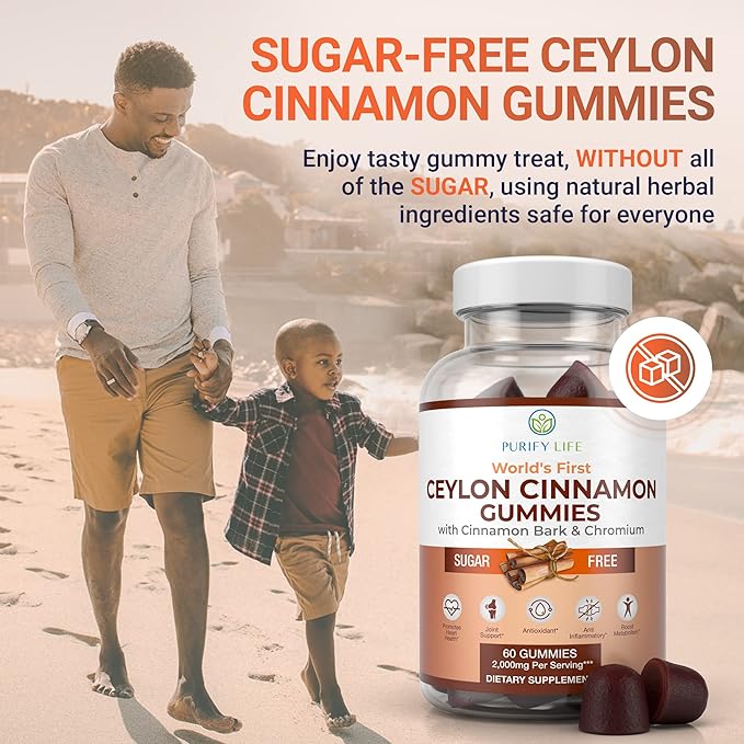 Purify Life Sugar-Free Ceylon Cinnamon Gummies (2,000mg/Serving) Ceylon Cinnamon Supplement for Brain Health, Vegan, Gluten-Free, Replace Ceylon Cinnamon Capsules, Pills, Powder, Extract (60 Chews)