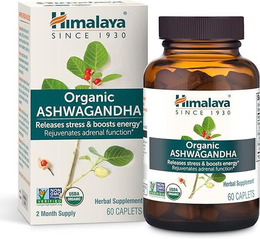 Himalaya Organic Ashwagandha Root, 60 Day Supply - Herbal Adrenal Support Supplements for Stress Relief and Energy Support - USDA Organic, Non-GMO, Vegan, Gluten Free, No Additives, 670 mg, 60 Caplets