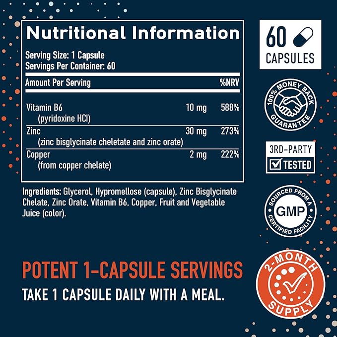 Zinc Supplement Microbeadlets for Immune & Acne Support | Highly Absorbable Zinc Bisglycinate & Orotate with 2mg Chelated Copper + Vitamin B6 | Vegan, Gluten-Free | 60 Capsules (2 Month Supply)