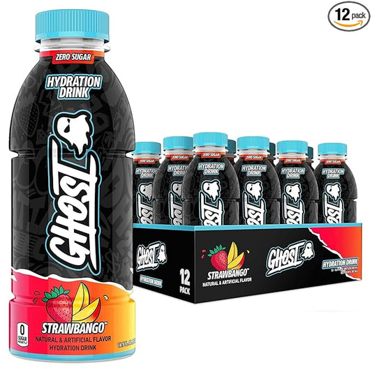 GHOST Hydration Drink, Strawbango - RTD Sports Drink with Electrolytes, Natural Vitamins & Minerals - All Day Lifestyle Hydration Beverage - Zero Caffeine & Zero Sugars - 16.9 Fl Oz, 12 Pack