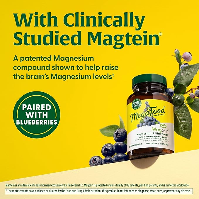 MegaFood Magtein Magnesium L-Threonate - Magnesium Supplement 2000mg Per Serving - Supports Short-Term Memory, Focus, Alertness & Normal Sleep Cycles - Vegan, Gluten Free - 90 Capsules, 30 Servings