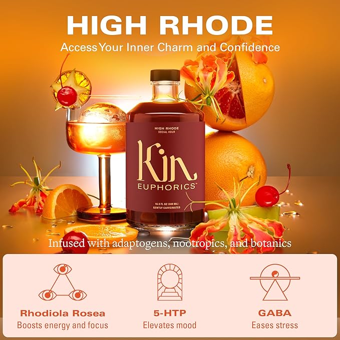 Kin Euphorics High Rhode Non-Alcoholic Aperitif | Elevate Your Social Hour | Adaptogens, Nootropics & Botanicals | Rhodiola Rosea, 5-HTP, GABA | Citrus, Bitters & Spices | 16.9 fl oz