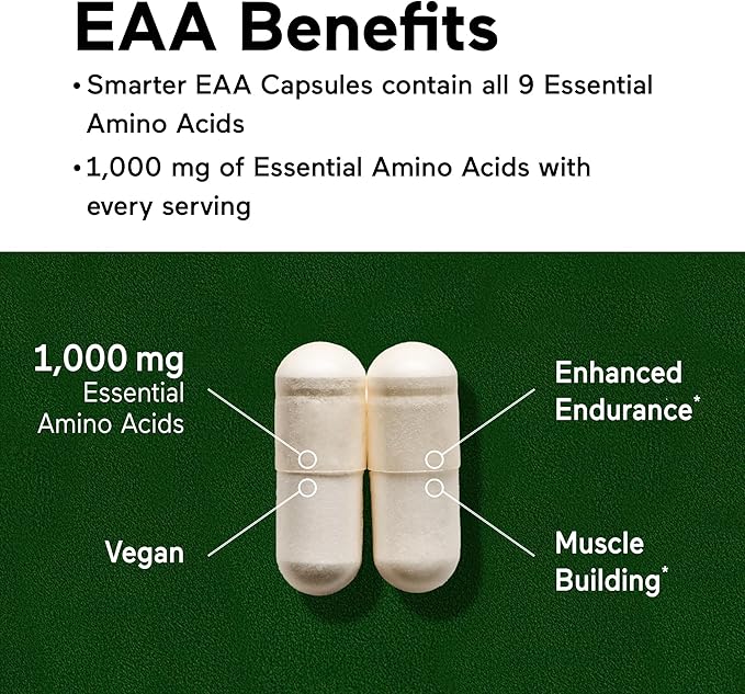 SMARTERNUTRITION Essential Amino Acids (EAA) Capsules - 1 Gram Per Serving of All 9 EAAs - Supports Muscle Mass & Exercise - Non-GMO, Vegan, Gluten Free - 180 Count[90-Day Supply]