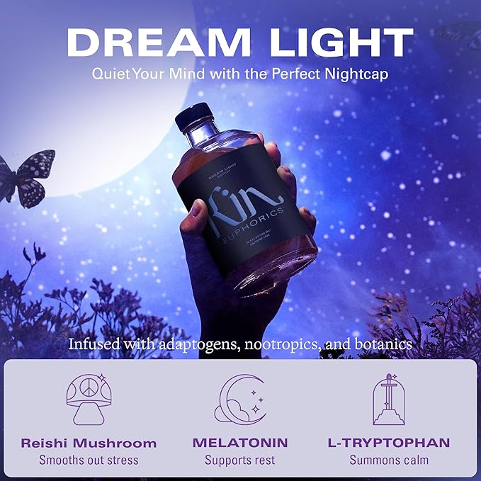 Kin Euphorics Dream Light Non-Alcoholic Soothing Serenity | Adaptogens & Botanicals for Restful Sleep | Reishi Mushroom, L-Theanine, Melatonin | Earthy Oak, Smoky Clove, Spicy Cinnamon | 16.9 fl oz