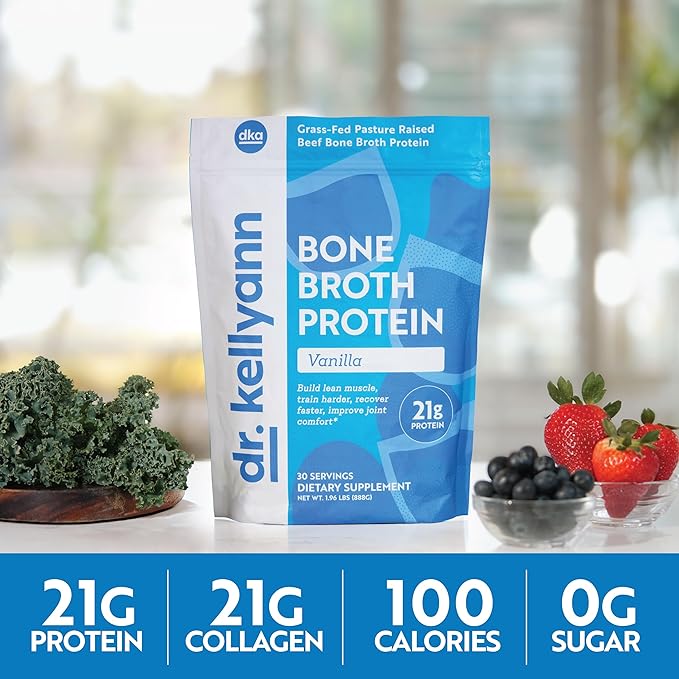 Dr. Kellyann Bone Broth Protein Powder Vanilla (30 Servings) – 21g Protein, Grass-Fed Collagen, Sugar-Free, Keto & Paleo-Friendly, 1 Pack