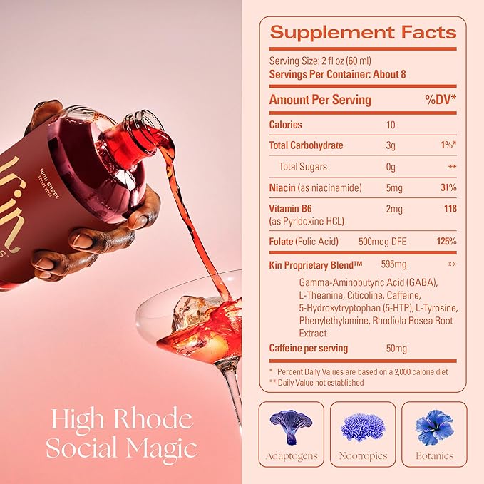 Kin Euphorics High Rhode Non-Alcoholic Aperitif | Elevate Your Social Hour | Adaptogens, Nootropics & Botanicals | Rhodiola Rosea, 5-HTP, GABA | Citrus, Bitters & Spices | 16.9 fl oz