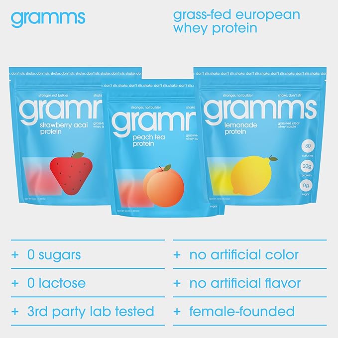 GRAMMS Clear Protein Powder, Strawberry Acai | 20g Protein Grass-Fed Whey Isolate, Zero Sugar, Zero Lactose, Non-Bloating, Non-GMO, Protein for Women (18 Servings)