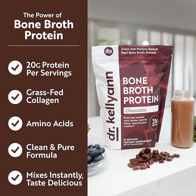 Dr. Kellyann Keto Bone Broth Protein Powder Chocolate - Protein 21g, 2g Net Carbs - Grass Fed Hydrolyzed Collagen - Sugar, Gluten and Dairy Free, Paleo, Keto Protein Shakes (30 Servings)