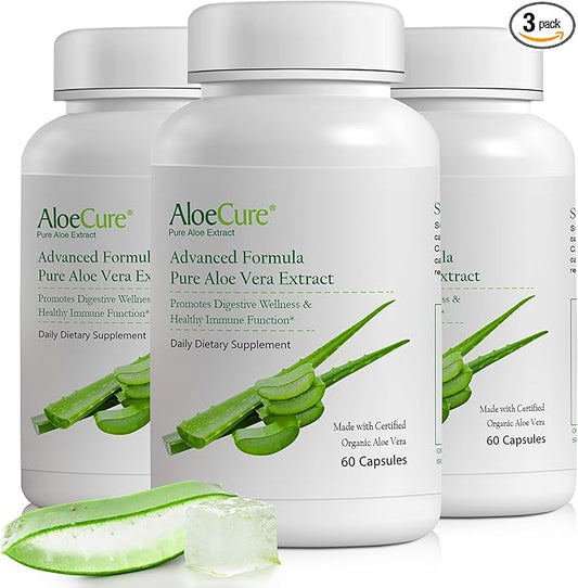AloeCure Organic Aloe Vera Capsules, 160,000mg Inner Aloe Leaf Equivalent per Serving, Support Gut, Digestive, & Immune Health, Helps Maintain Balanced Stomach Acidity, Aloin Free, 60Caps x 3Btl