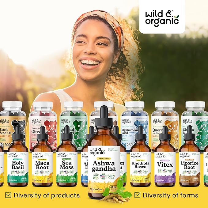 Wild & Organic Ashwagandha Drops - Mood Support Supplement w/Ashwagandha Root Extract - Liquid Drops for Calm Mind - Relaxation Supplements - Sugar & Alcohol-Free - 4 fl oz