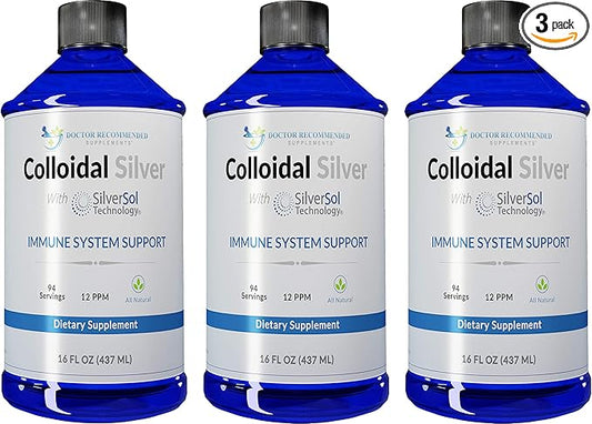 Colloidal Silver Liquid - 12 PPM Premium Silver Solution, 60 MCG Per Serving, All Natural, Vegan Immune System Support, Ionic Silver Water Daily Mineral Supplement (3-16 Fl oz Bottles)